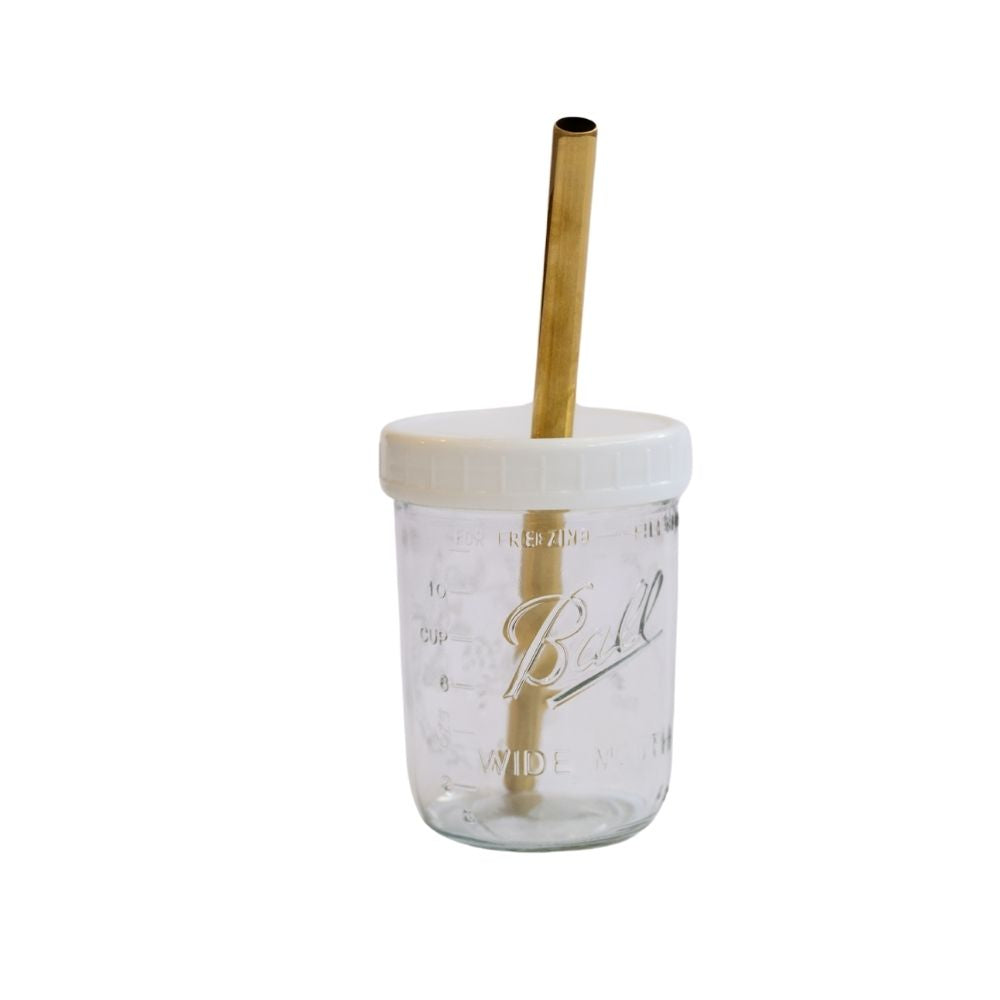 500mls Mason Glass Cup - Gold Straw