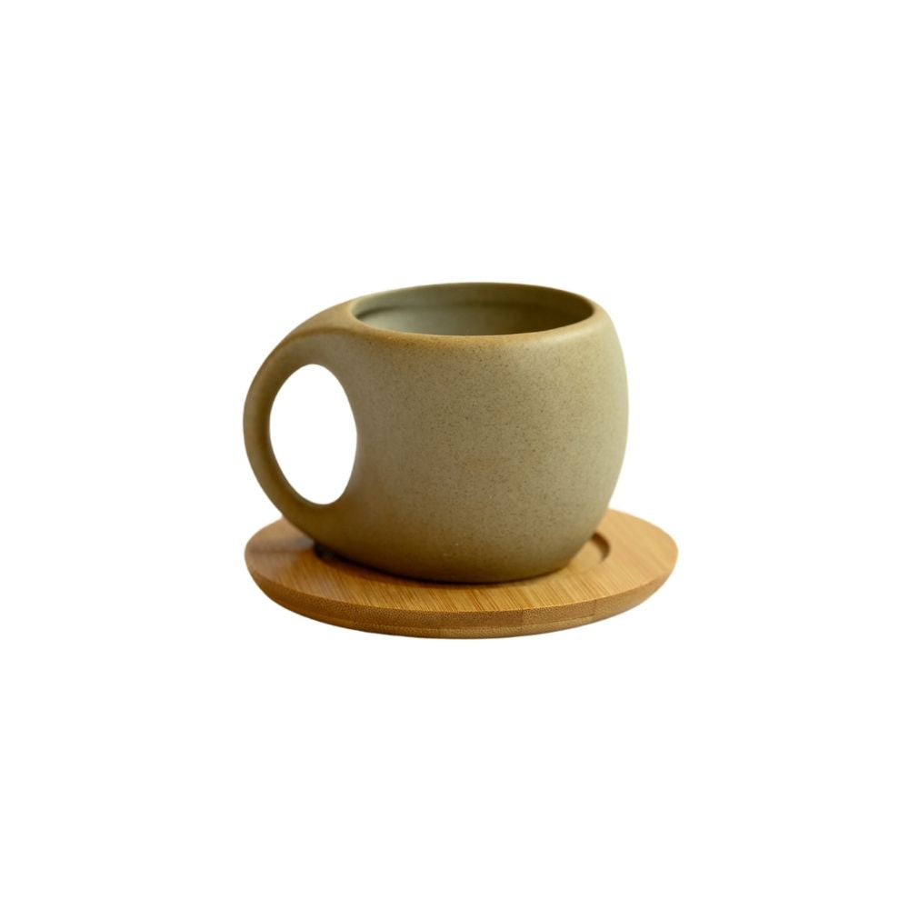Beige Mug and Wooden Saucer Set